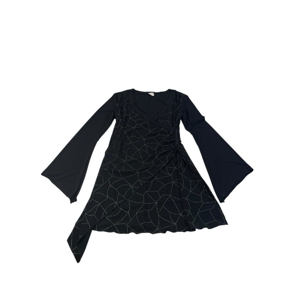 RAG Black Metallic Bell Sleeve Faux Wrapβ Dress M Made USA Y2K Witchy Geometric